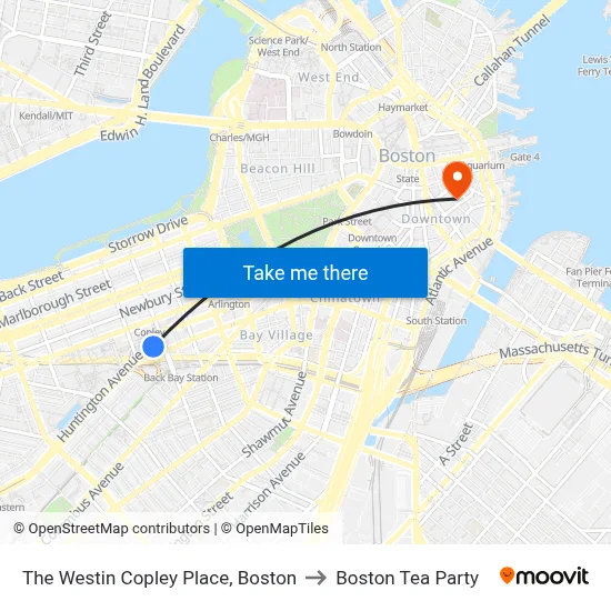 The Westin Copley Place, Boston to Boston Tea Party map
