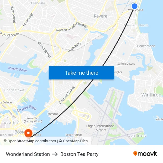 Wonderland Station to Boston Tea Party map