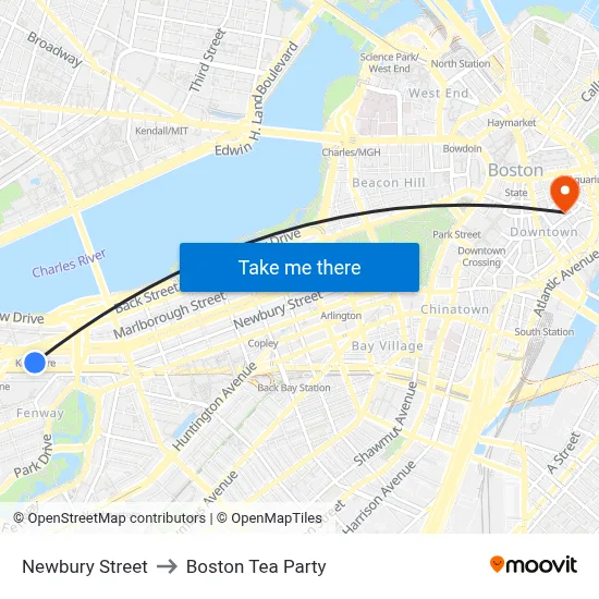 Newbury Street to Boston Tea Party map