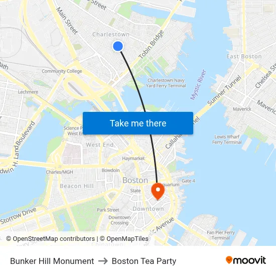 Bunker Hill Monument to Boston Tea Party map