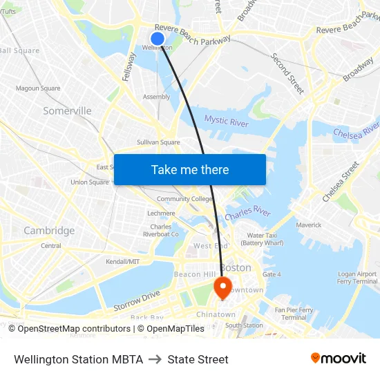 Wellington Station MBTA to State Street map