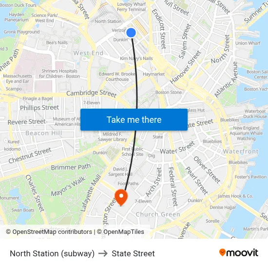 North Station (subway) to State Street map
