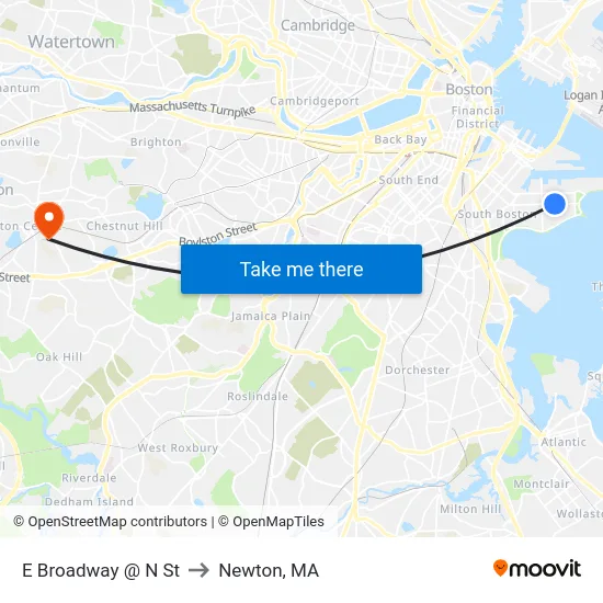 E Broadway @ N St to Newton, MA map