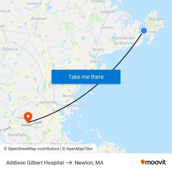 Addison Gilbert Hospital to Newton, MA map