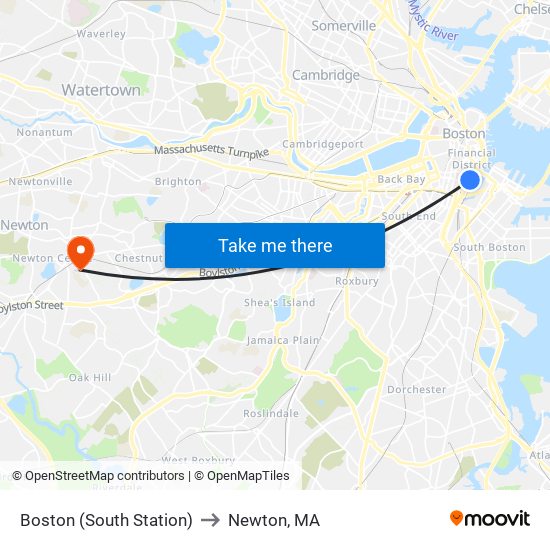 Boston (South Station) to Newton, MA map