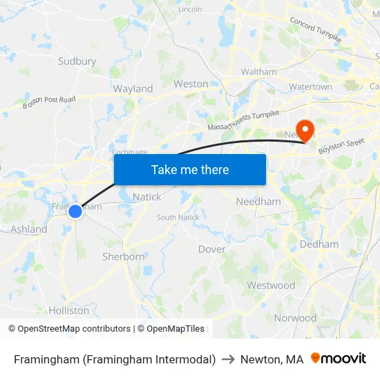 Framingham (Framingham Intermodal) to Newton, MA map