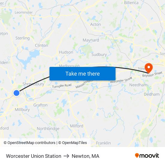 Worcester Union Station to Newton, MA map