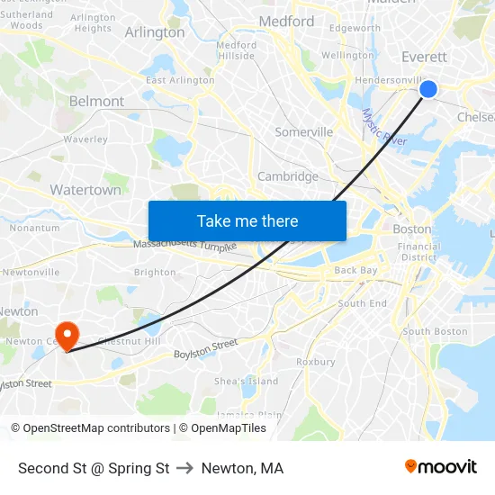 Second St @ Spring St to Newton, MA map