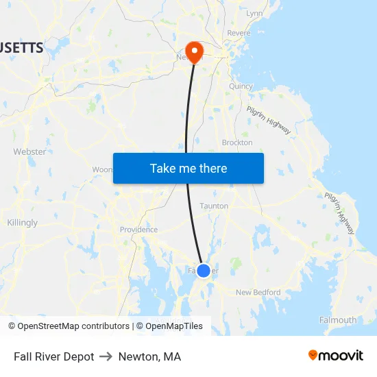 Fall River Depot to Newton, MA map