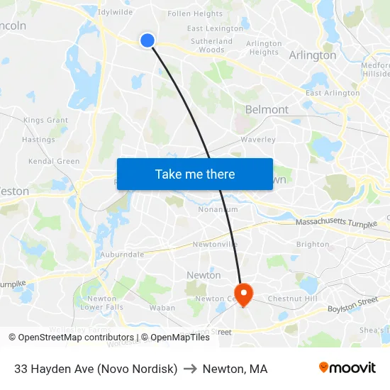 33 Hayden Ave (Novo Nordisk) to Newton, MA map