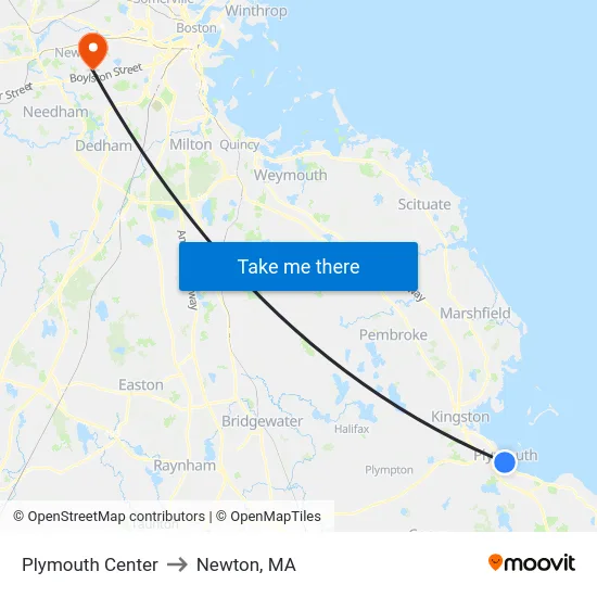 Plymouth Center to Newton, MA map