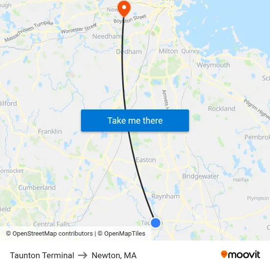Taunton Terminal to Newton, MA map