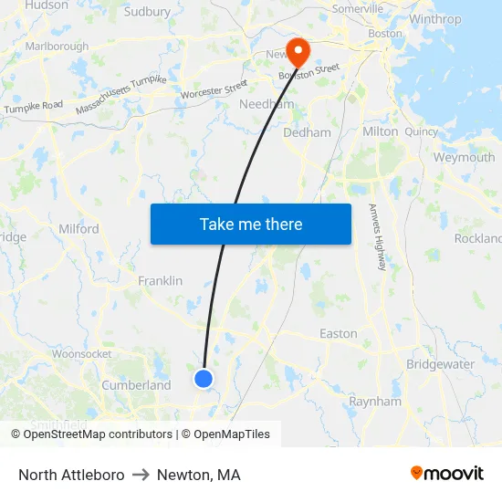 North Attleboro to Newton, MA map