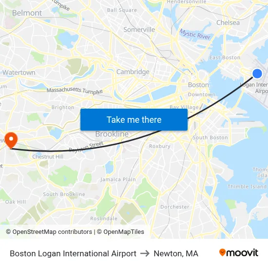 Boston Logan International Airport to Newton, MA map