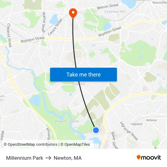 Millennium Park to Newton, MA map