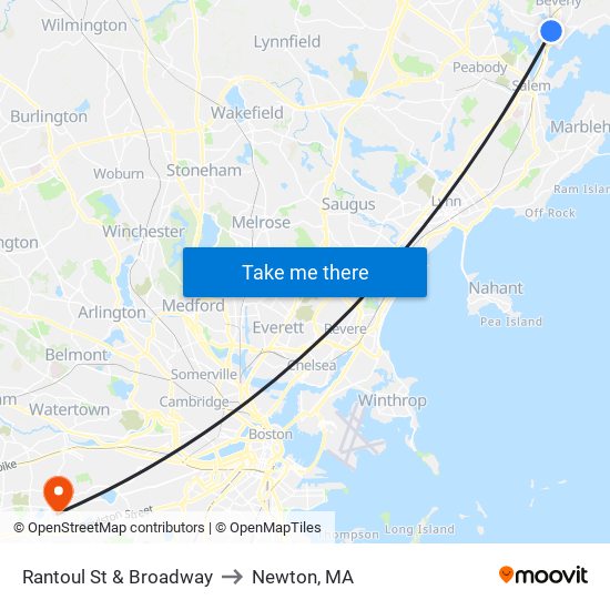 Rantoul St & Broadway to Newton, MA map