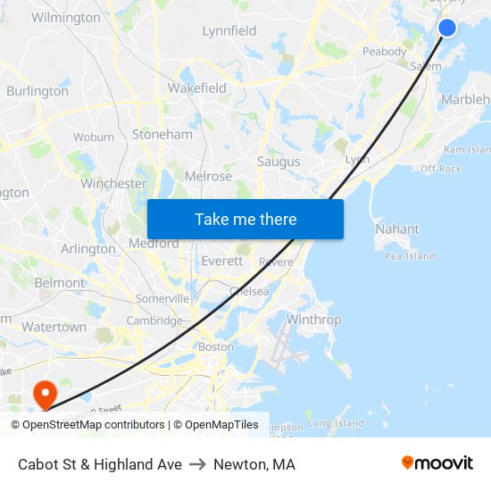 Cabot St & Highland Ave to Newton, MA map