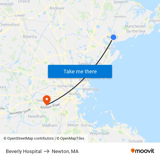 Beverly Hospital to Newton, MA map