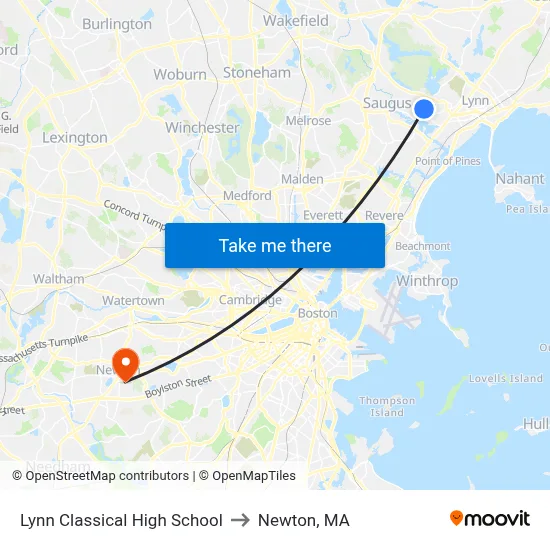 Lynn Classical High School to Newton, MA map