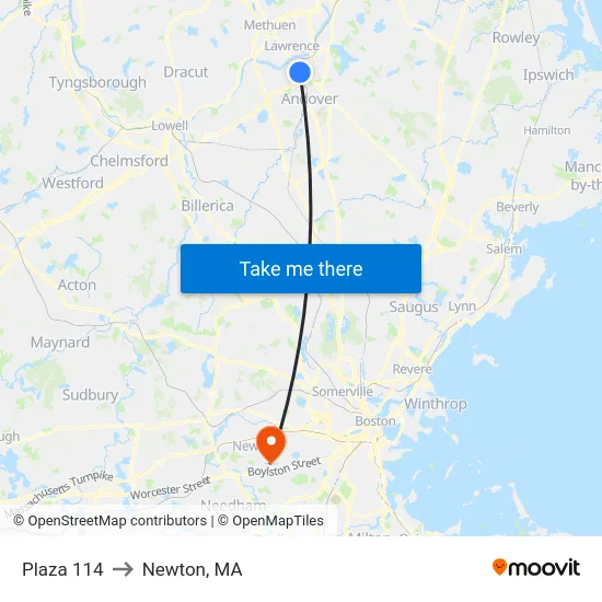 Plaza 114 to Newton, MA map