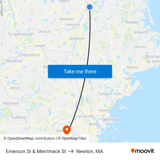 Emerson St & Merrimack St to Newton, MA map