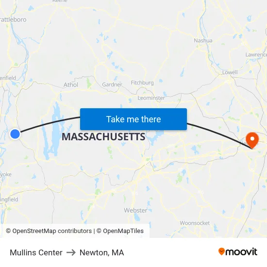 Mullins Center to Newton, MA map