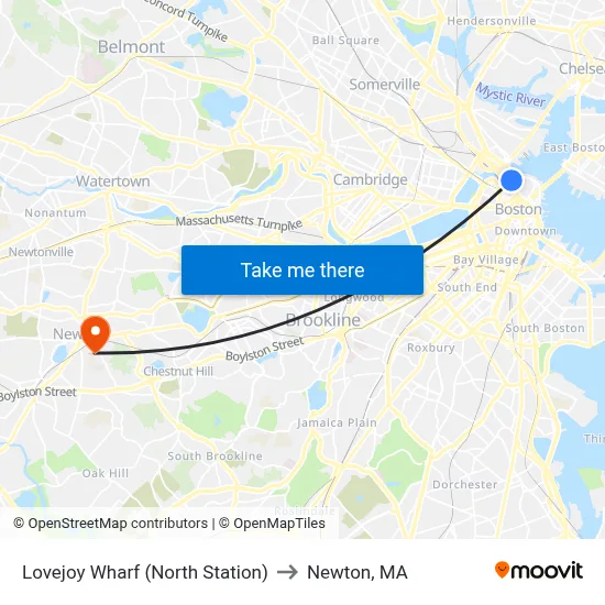 Lovejoy Wharf (North Station) to Newton, MA map