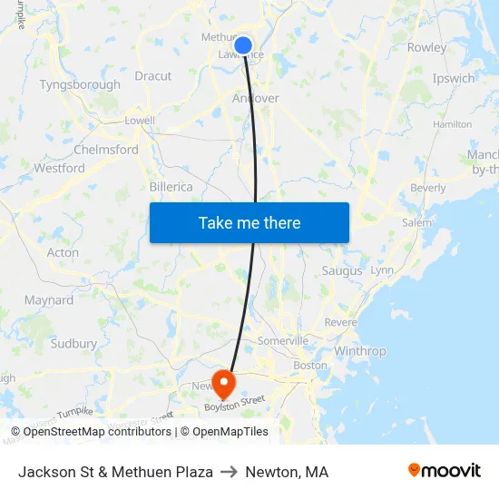 Jackson St & Methuen Plaza to Newton, MA map