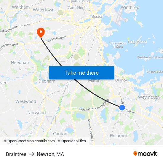 Braintree to Newton, MA map