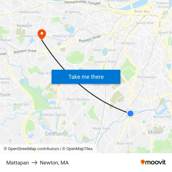 Mattapan to Newton, MA map
