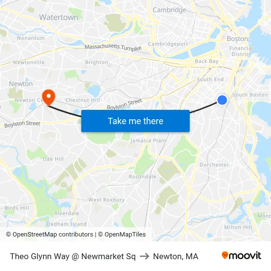 Theo Glynn Way @ Newmarket Sq to Newton, MA map