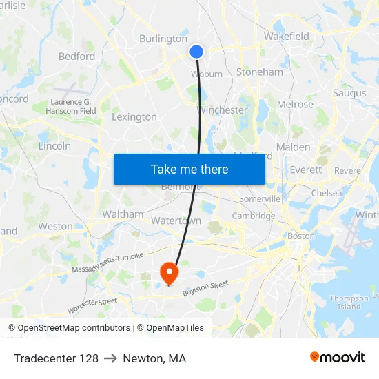 Tradecenter 128 to Newton, MA map
