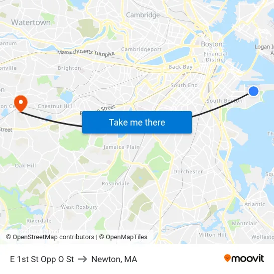 E 1st St Opp O St to Newton, MA map