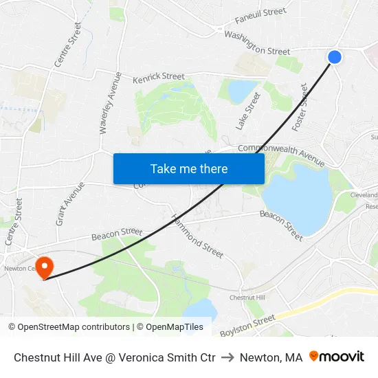 Chestnut Hill Ave @ Veronica Smith Ctr to Newton, MA map