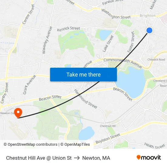 Chestnut Hill Ave @ Union St to Newton, MA map