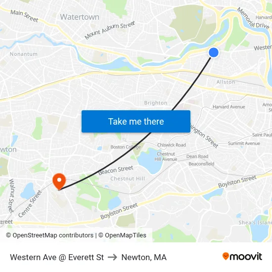 Western Ave @ Everett St to Newton, MA map