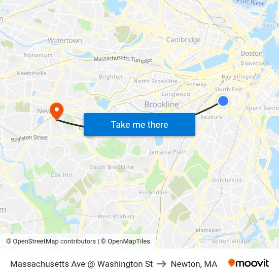 Massachusetts Ave @ Washington St to Newton, MA map