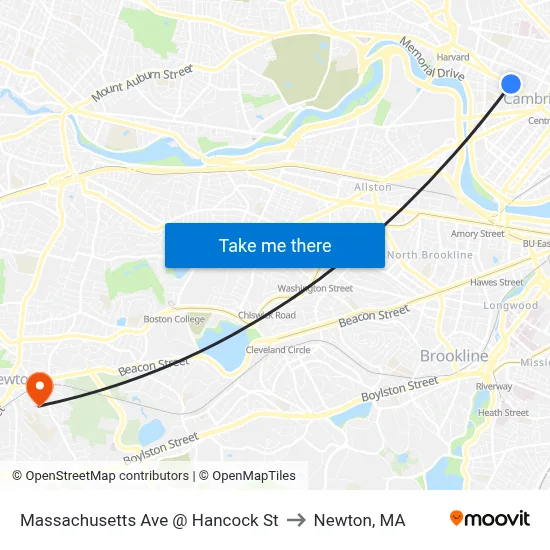 Massachusetts Ave @ Hancock St to Newton, MA map
