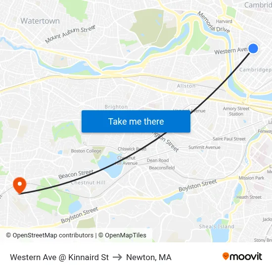 Western Ave @ Kinnaird St to Newton, MA map