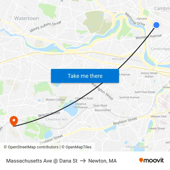Massachusetts Ave @ Dana St to Newton, MA map