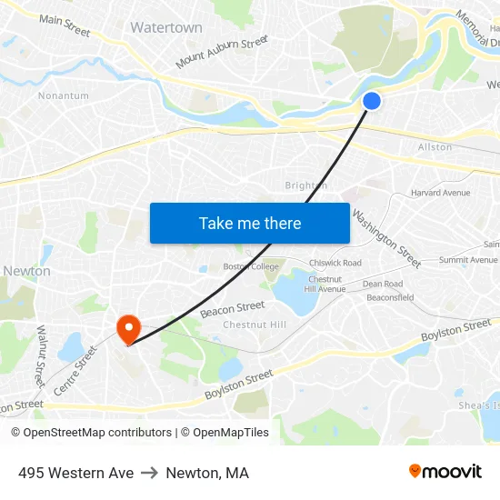 495 Western Ave to Newton, MA map