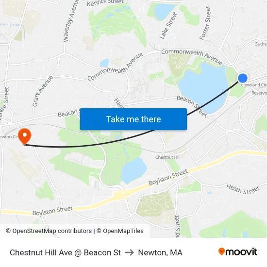 Chestnut Hill Ave @ Beacon St to Newton, MA map