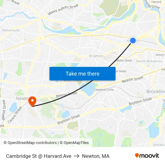 Cambridge St @ Harvard Ave to Newton, MA map