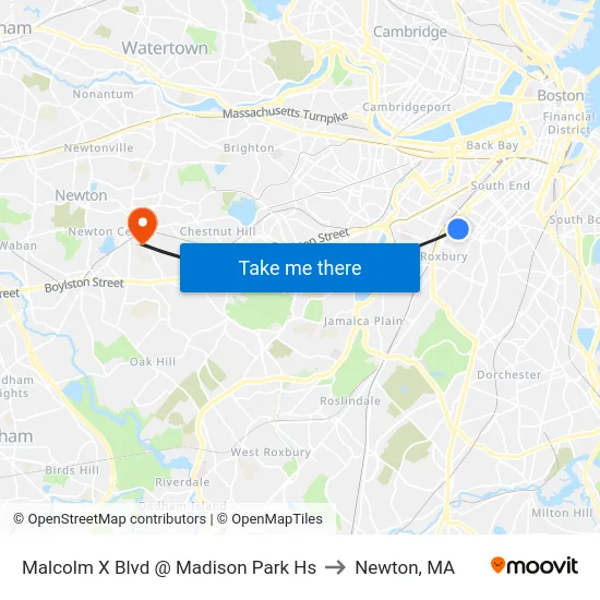 Malcolm X Blvd @ Madison Park Hs to Newton, MA map
