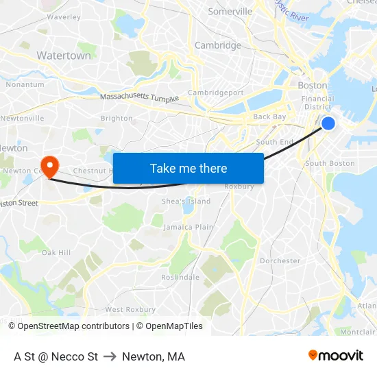 A St @ Necco St to Newton, MA map
