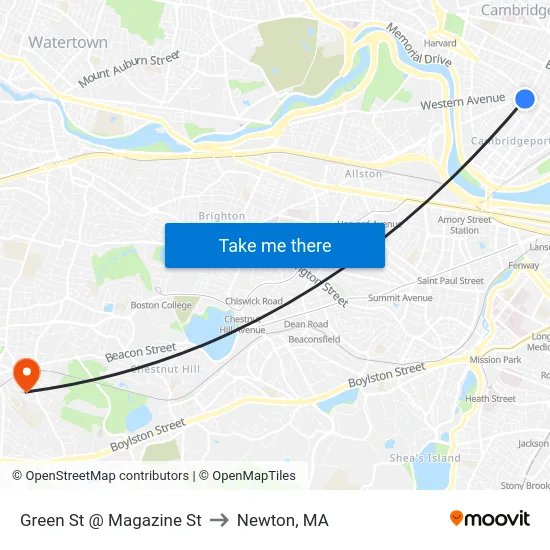 Green St @ Magazine St to Newton, MA map