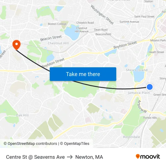 Centre St @ Seaverns Ave to Newton, MA map