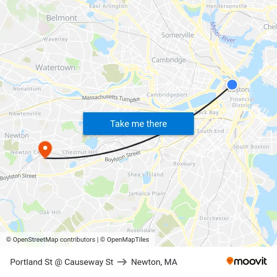 Portland St @ Causeway St to Newton, MA map