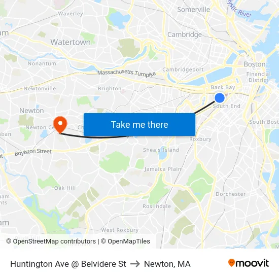 Huntington Ave @ Belvidere St to Newton, MA map