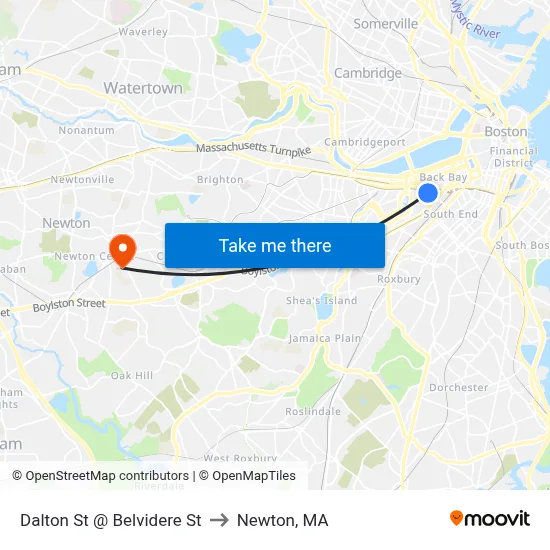 Dalton St @ Belvidere St to Newton, MA map